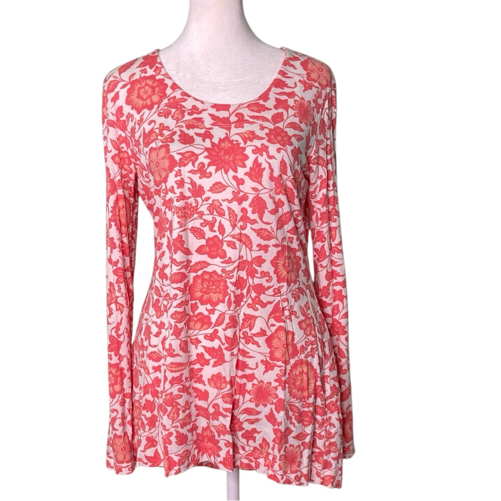 Peruvian Connection Chinois Tunic Top Coral White Floral Scoop Neck (Size S)